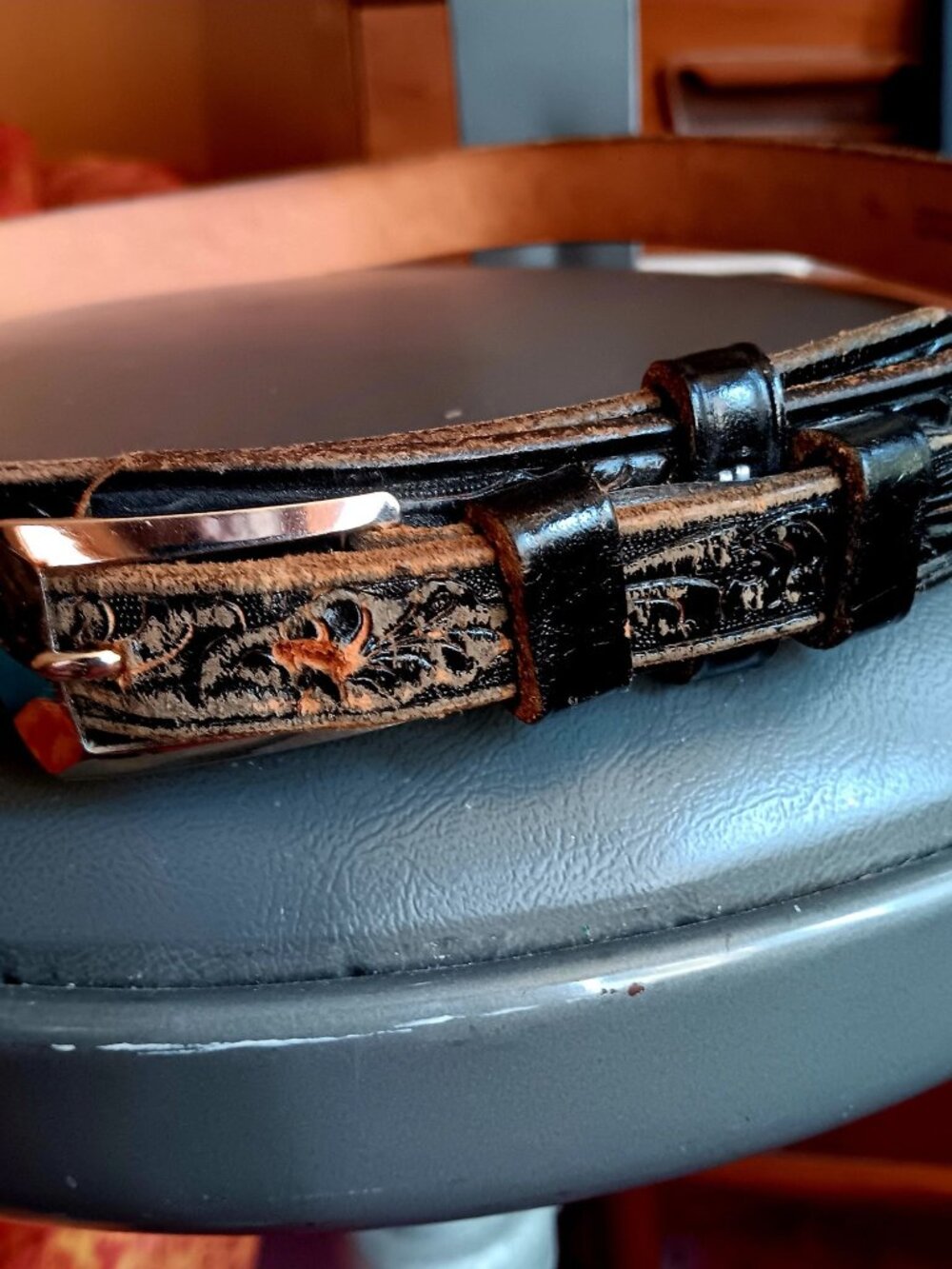 sz 36 Belt Vintage Justin Black Tooled Western Cowboy Ranger Leather USA 1960's